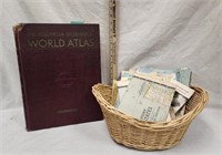 1957 World Atlas & Basket w/ Vintage Maps