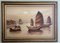 P Wong Junk Boat Oil Painting
