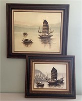Two Junk Boat Oil Paintings Signed P Wong