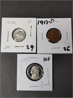 1917 Penny, 1936 Dime, 1994 Nickel