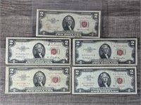 (4) 1953 & (1) 1963 Red Seal Two Dollar Bills