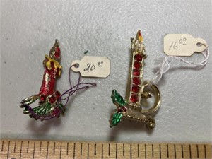 2 vintage candle brooches with rhinestones