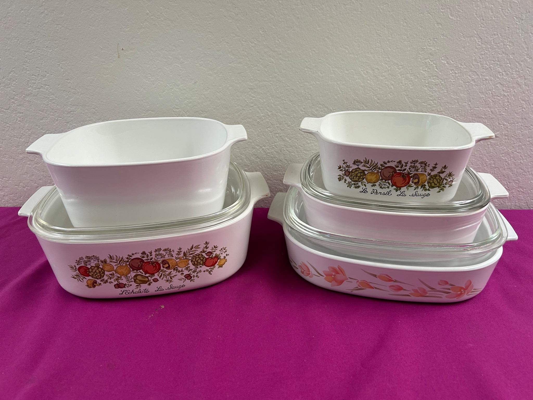 5 Peach Floral Corning Ware Casserole, 3 Lids