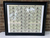 Framed USA 1985 $1 Uncut Sheet Of 32 Notes