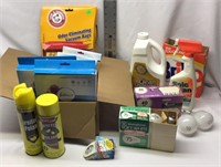 F4) BOX OF CLEANING SUPPLIES, VACUUM BAGS,