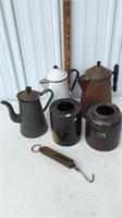Enamel and copper coffee pots, crocks and scales