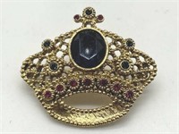 1928 Gold Tone Filigree Crown Brooch