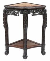 CHINESE MARBLE-TOP CARVED ROSEWOOD CORNER TABLE