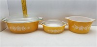 3PCW/2 LIDS PYREX BUTTERFLY GOLD MIXING BOWLS