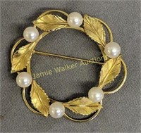 14k Gold Filled? Brooch 3.1 Dwt Leaf And Pearls