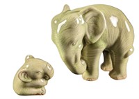 2 Ceramic Vintage Style Happy Green Elephants By N