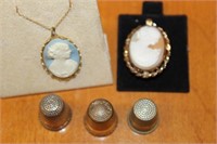 Three Thimbles (1) sterling, 2 Costume Cameos,