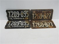 2 Pair VA License Plates 1968 + 1970