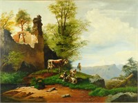 Lg Antique Oil on Canvas European Pastoral