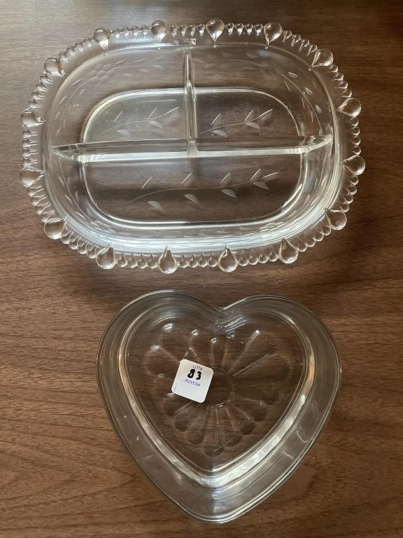 DIVIDED RELISH DISH AND HEART SHAPED GLASS