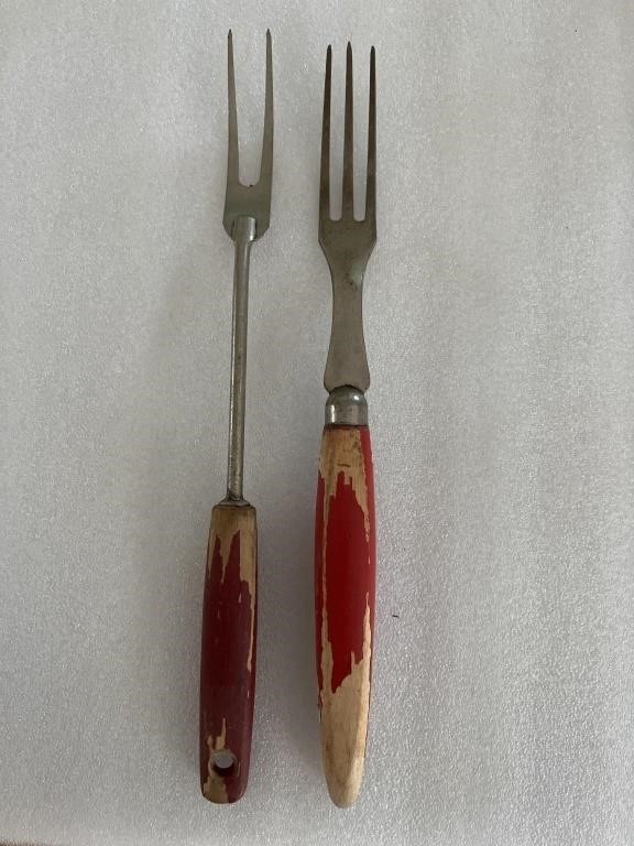 Vintage kitchen, utensil, red wood handle forks