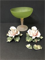 Pink stem Green Compote & Capodimonte candle flowe