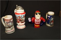 4 Limited Edition Beer Steins Budweiser  & Miller