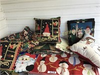 7 ROWS OF ASSORTED PILLOWS, TABLE CLOTH