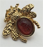 Gold Tone Bug Pin W Red Stone