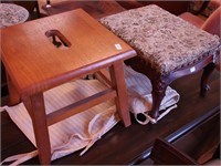 Two footstools: one with carved seat, 14" long x