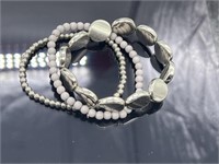Silver and White Beaded Stretch Bracelets