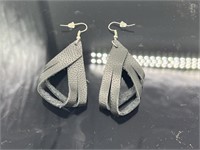 Silver Black Leather Earrings