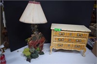 Wood Apple Lamp & Three Drawer Wood Jewelry Box