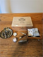 Cigar box with: old ashtray full of neat keys,