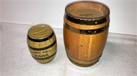 Chein tin Happy Days barrel bank, wooden barrel