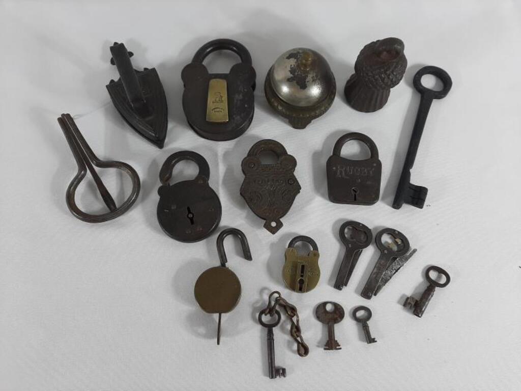 Vintage Miniature Sad Iron, Locks, Keys and