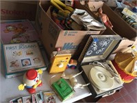 2 boxes of vintage toys, record player an more