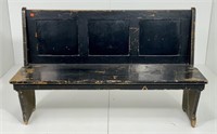 Country store bench, paneled back, plank seat,