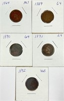 (5) Indian Head Cent Lot 1864,1889,1890,1891,1892