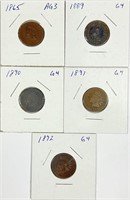 (5) Indian Head Cent Lot 1865,1889,1890,1891,1892