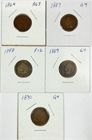 (5) Indian Head Cent Lot 1864,1887,1888,1889,1890