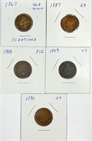 (5) Indian Head Cent Lot 1863,1887,1888,1889,1890
