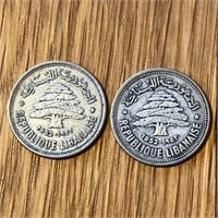 (2) 1952 Silver Lebanon 50 Qirsha / Piastres Coins