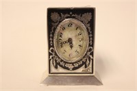 Silver Travel Clock w Mother Pearl Inlaid