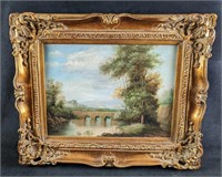 F5 Framed Oil On Canvas Bridge & Castle Scenery