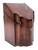 Knife box, mahogany, shaped front, inlaid grill