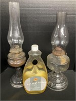 2 Kerosene Lamps W/ Oil Refill Bottle.
