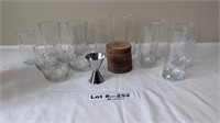 GLASSWARE, SHOT MEASURE, AND 26  LEATHER COASTERS