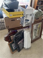 CONTENTS OF BENCH--PICTURE FRAMES, DVDS, VHS TAPES