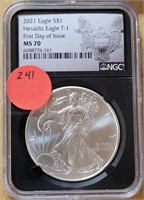 2021 1ST DAY ISSUE SILVER EAGLE $1 COIN - MS70