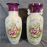 2 Pottery Vases w/Classical Transfer Design -Japan