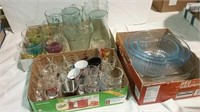 Three boxes of shot glasses, barware and bowls