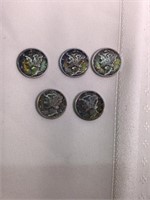 Five Mercury Silver Dimes