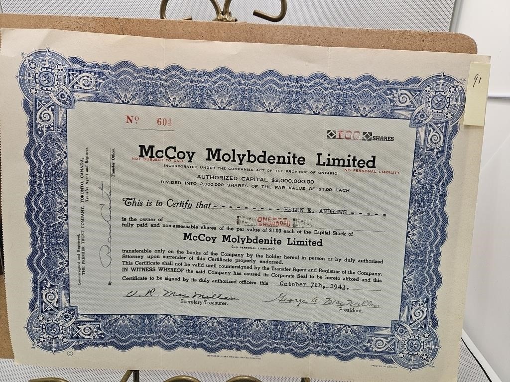 McCOY MOLYBDENITE LIMITED 100 SHARES CERT . 604