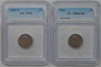 2- Lincoln Head Cents Graded  (1911, 1924-S)